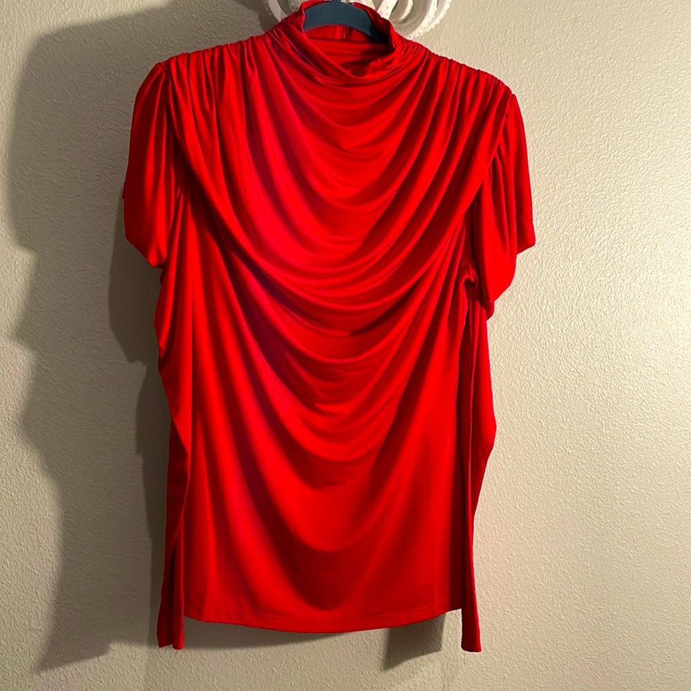 Red Long Draped Sleeves Design w/Ruched Draped Mock Neck, Back Cutout, Size: M